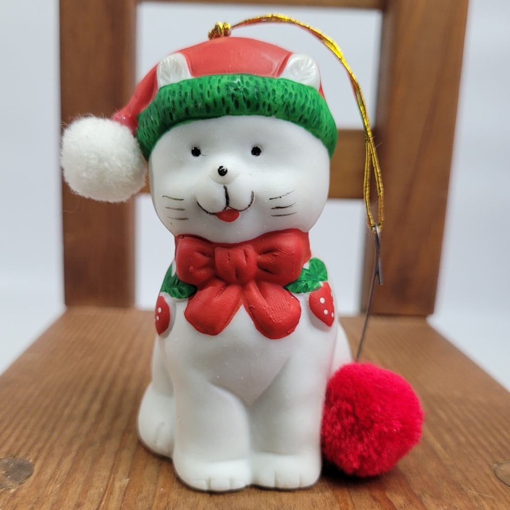Vintage Jolly Jingles Hand Painted Porcelain Bisque Cat Bell Ornament 3"x2"